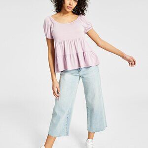 Hippie Rose Juniors Size Medium  Purple Puffed-Sleeve Tiered Babydoll Top NWT